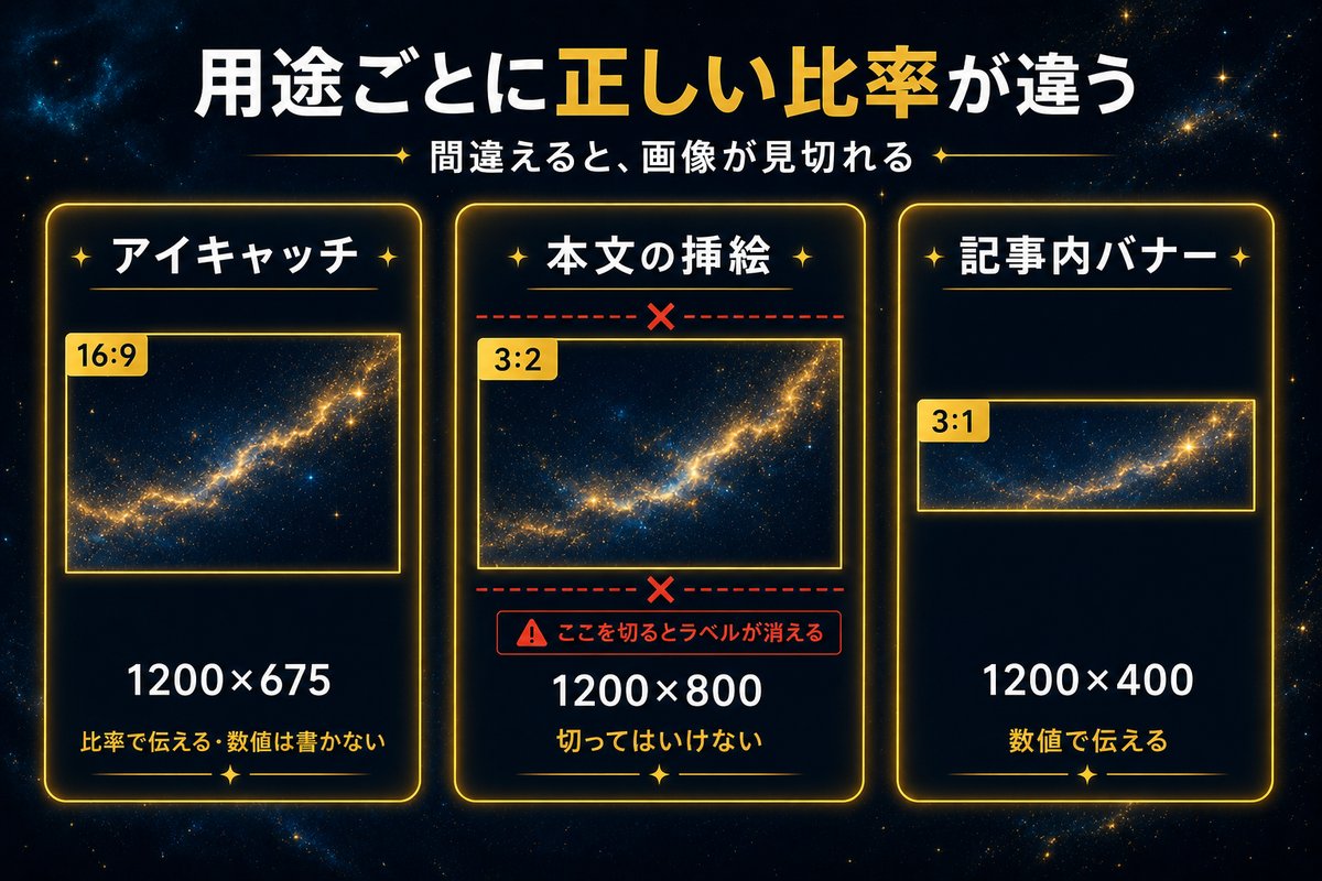 用途別のアスペクト比対応図（アイキャッチ16対9・挿絵3対2・バナー3対1の比較）