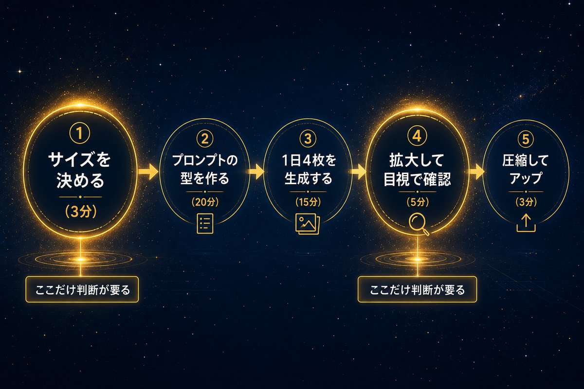アイキャッチ制作5ステップの流れ図（判断が必要な工程を強調）