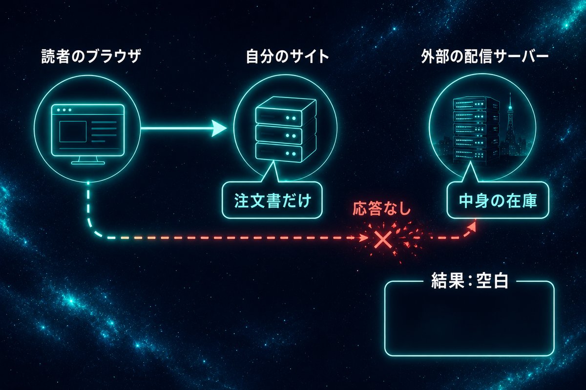 埋め込みの中身を外部サーバーが配信する仕組みを示す概念図