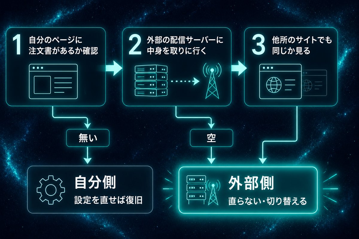 原因が自分側か外部側かを切り分ける3ステップのフロー図