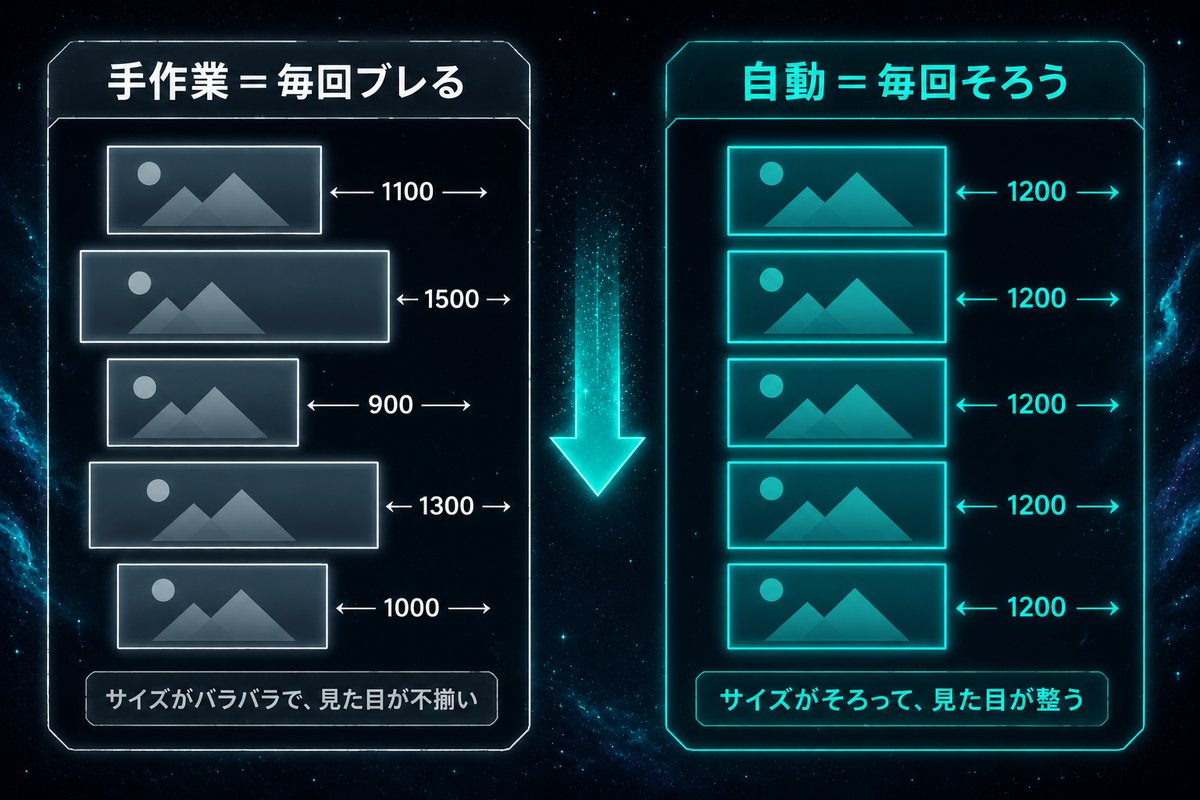 手作業と自動処理の仕上がりサイズを比較したインフォグラフィック