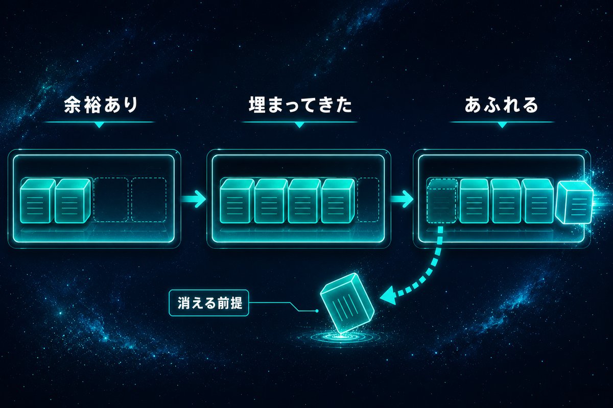 AIが一度に覚えられる情報量には上限があり作業が進むほど古い前提が押し出されて消える仕組みの概念図
