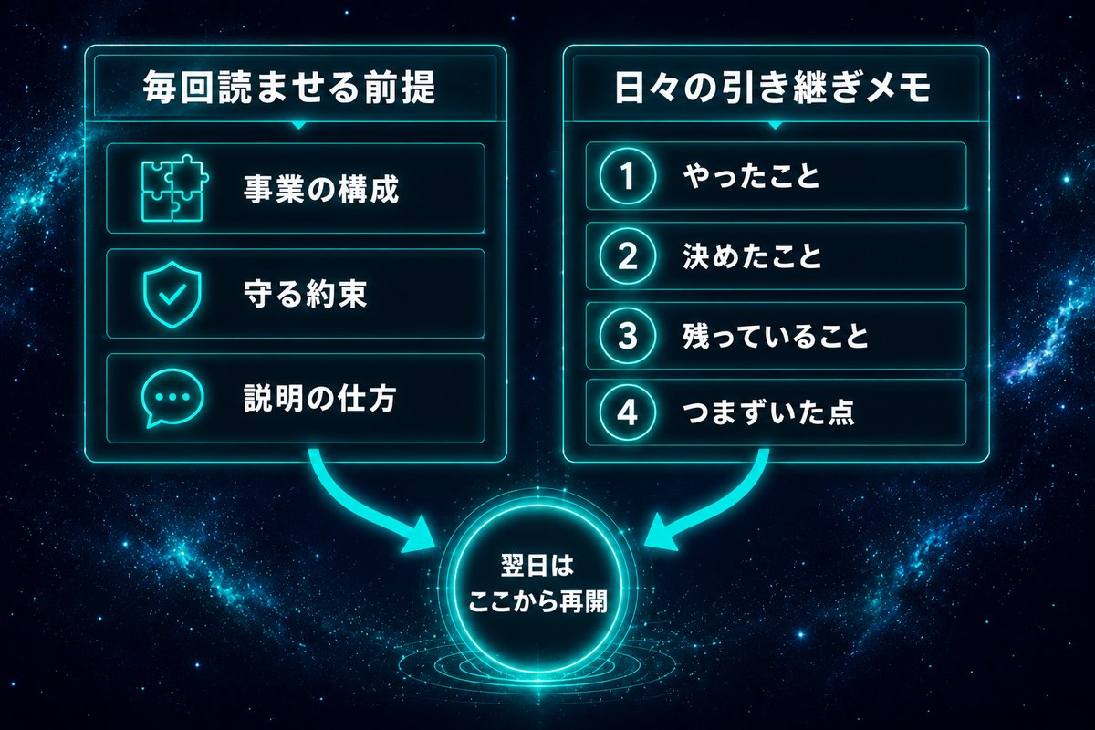 毎回読ませる前提と日々の引き継ぎメモという2つの置き場の使い分けを示した分類図