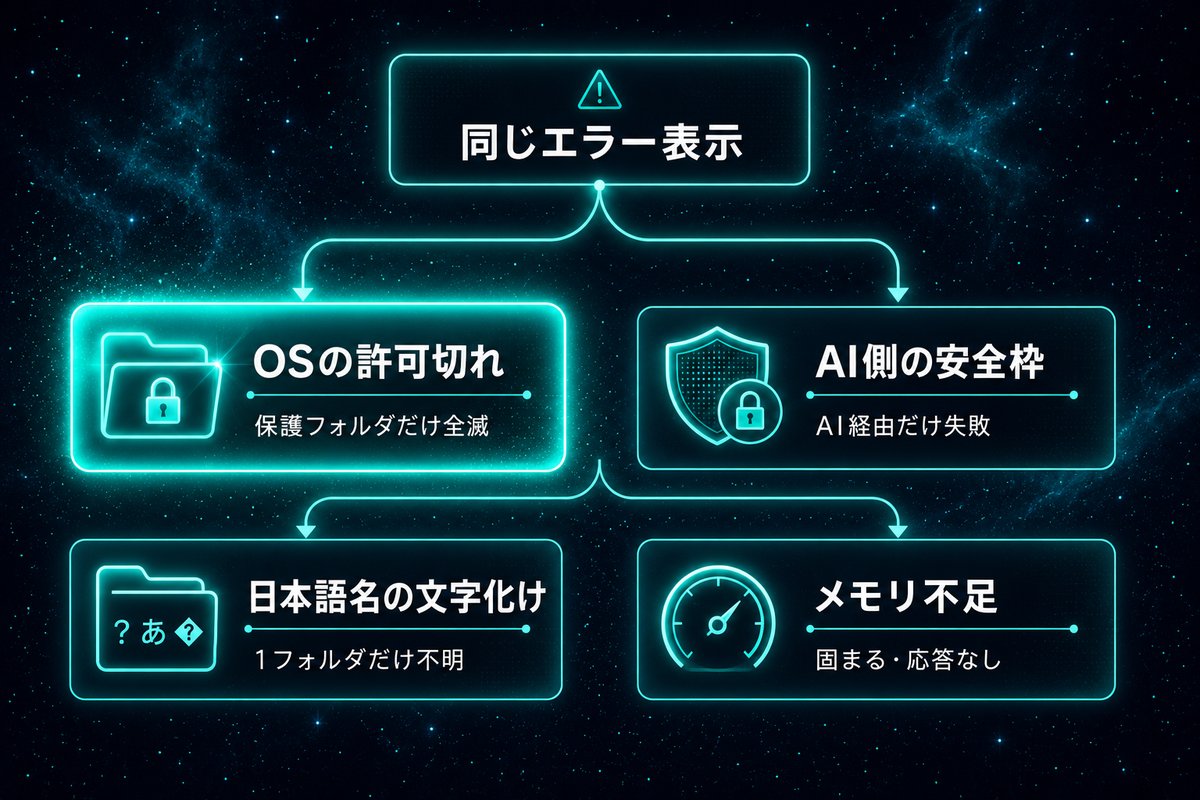 同じ権限エラーに見える4つの原因を影響範囲で分類した図