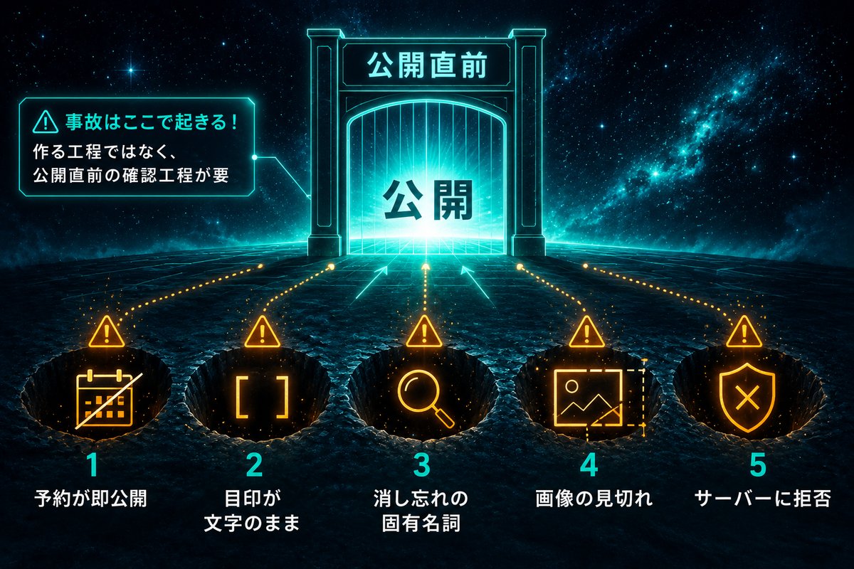 公開直前に起きる5つの落とし穴を並べた図解