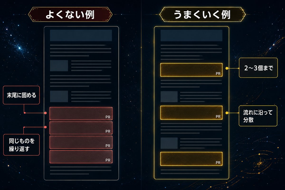 広告リンクを末尾に固める例と記事内に分散させる例の比較図