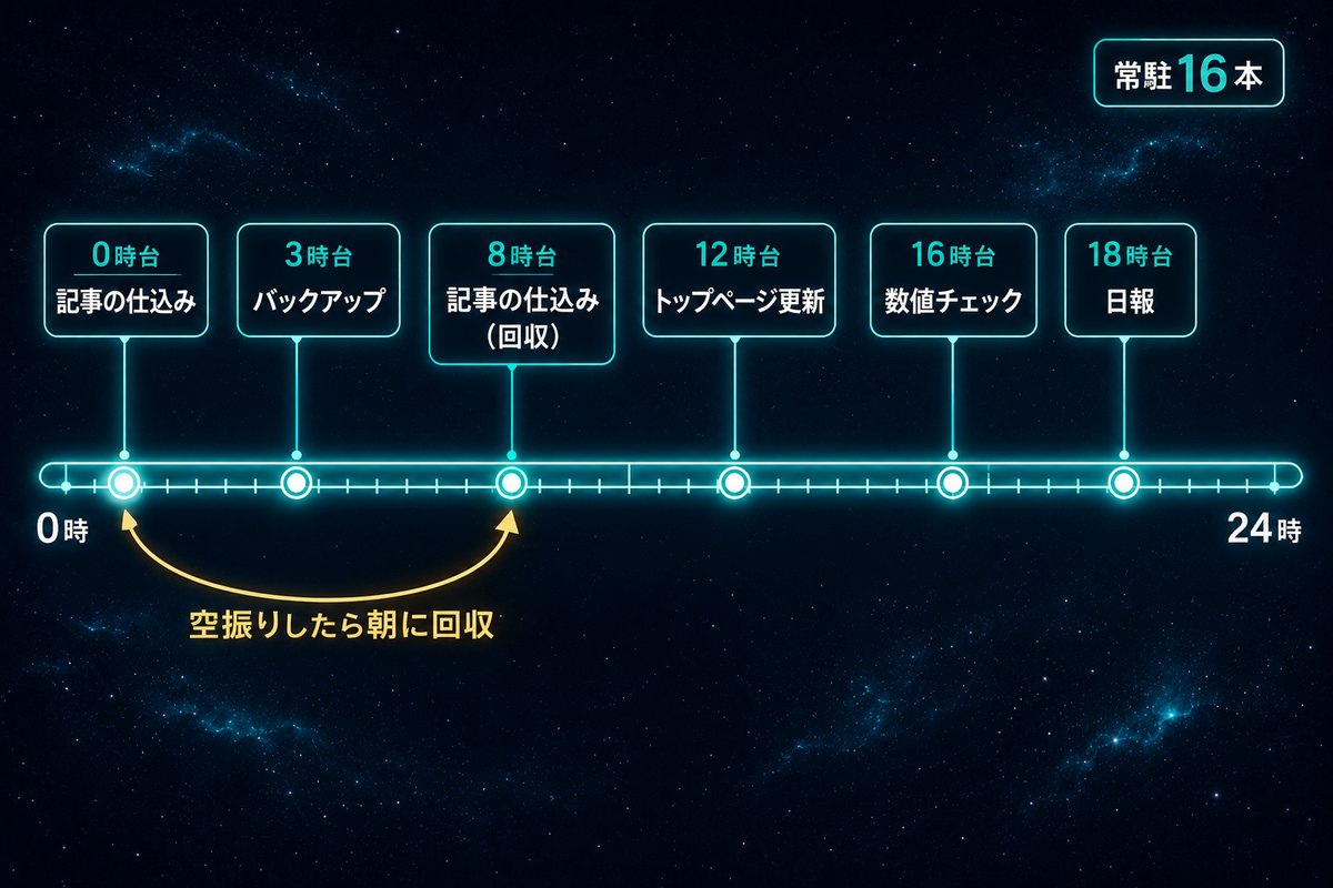 1日の自動処理の時間割と朝の回収便を示すタイムライン図