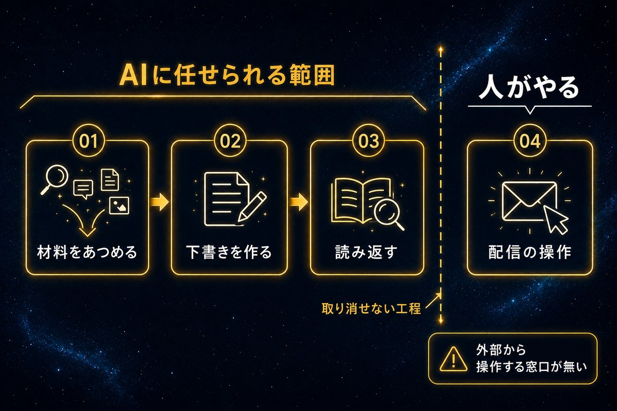AIに任せられる範囲と人がやる工程の境界線を示した概念図