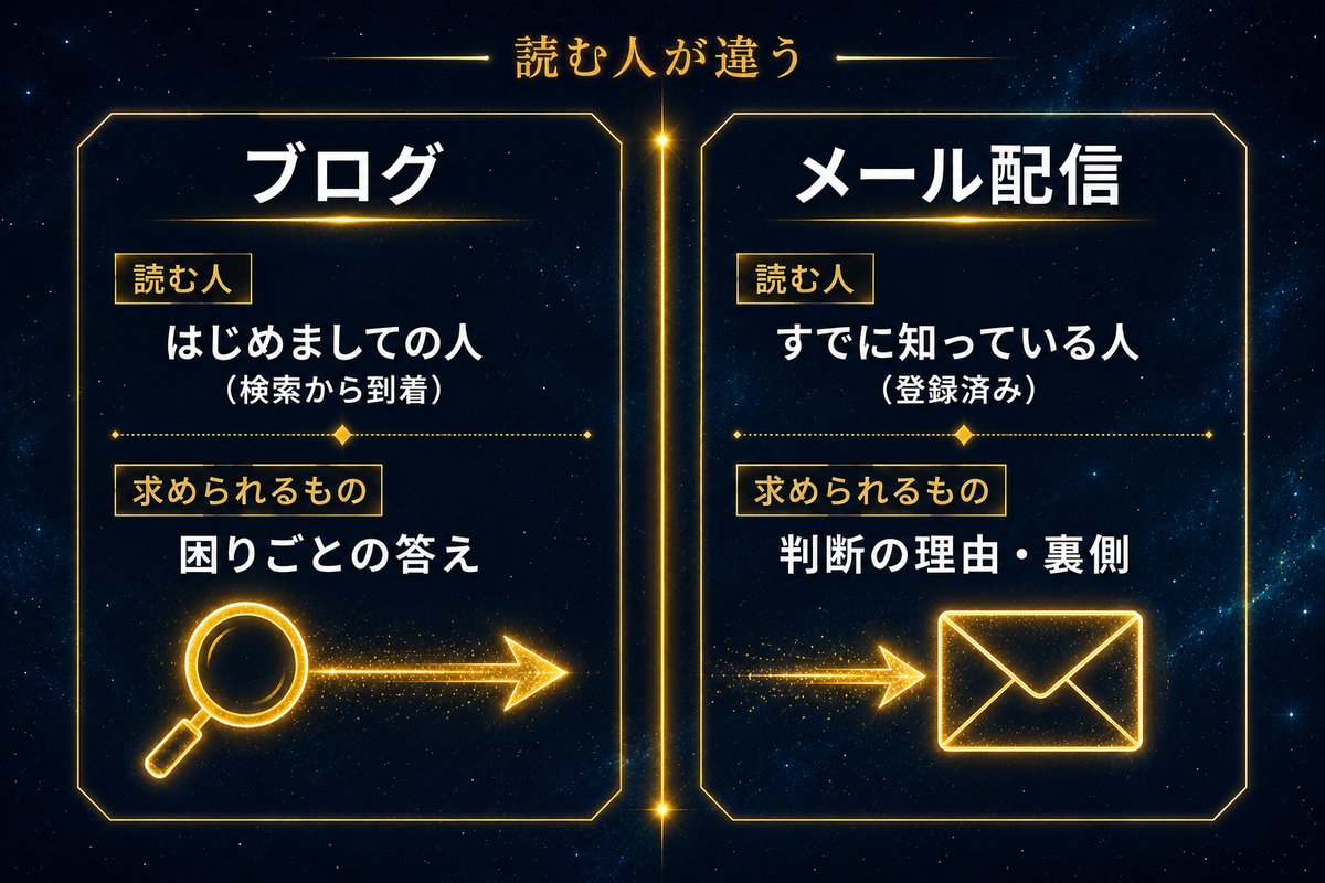 ブログとメール配信は読む人が違うことを示した左右比較図