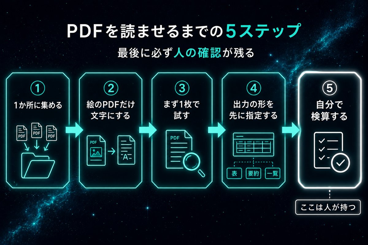 PDFを読ませるまでの5ステップの手順フロー図