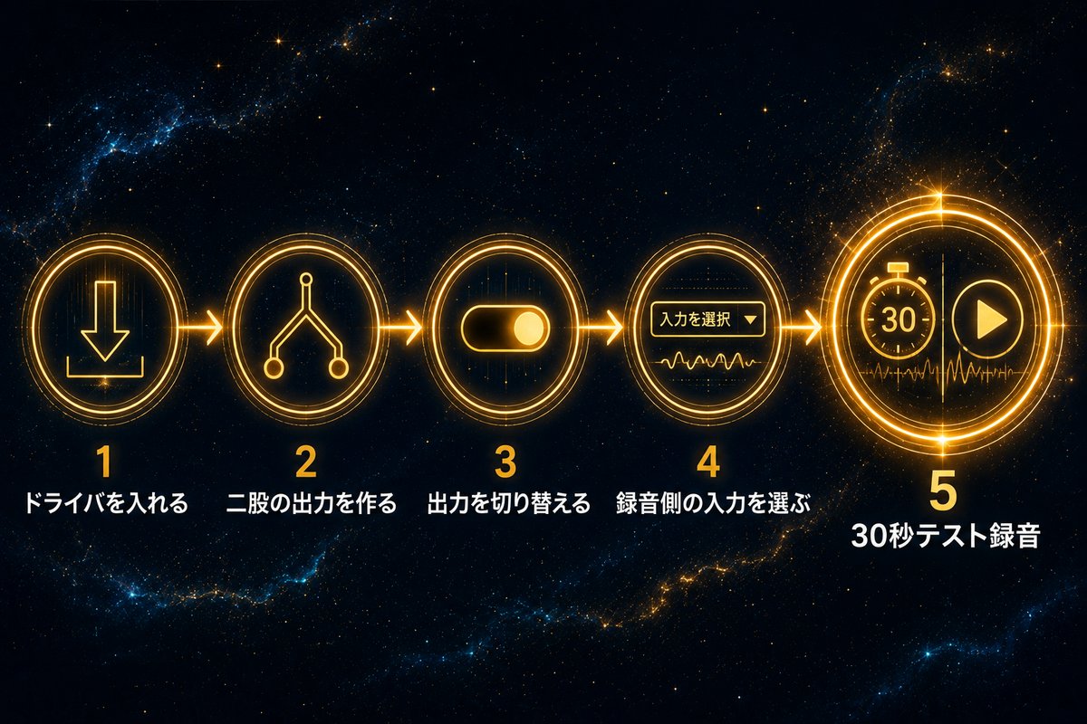内部音声の録音環境を作る5つの手順を示したフロー図