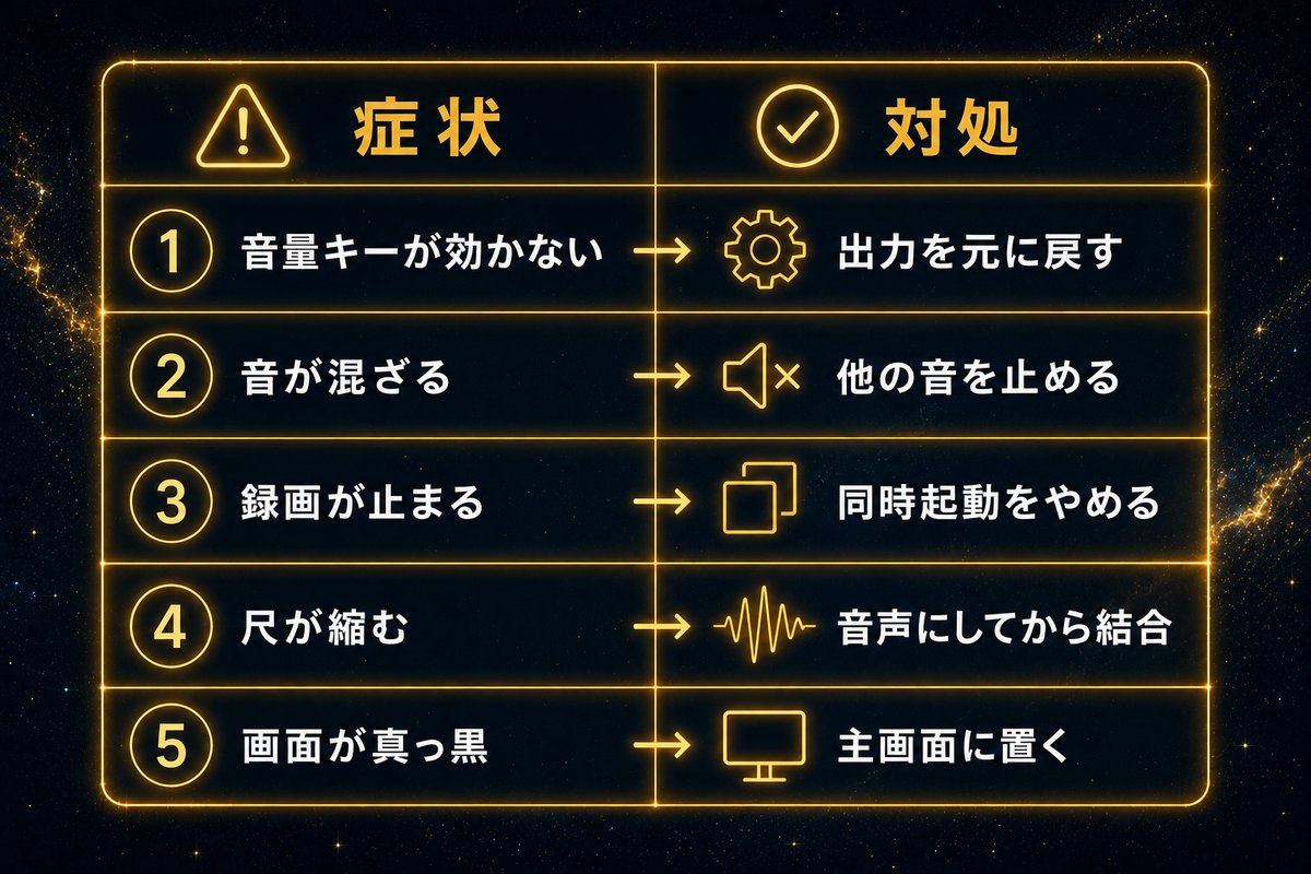 内部音声の録音がうまくいかない時の症状と対処を並べた一覧図