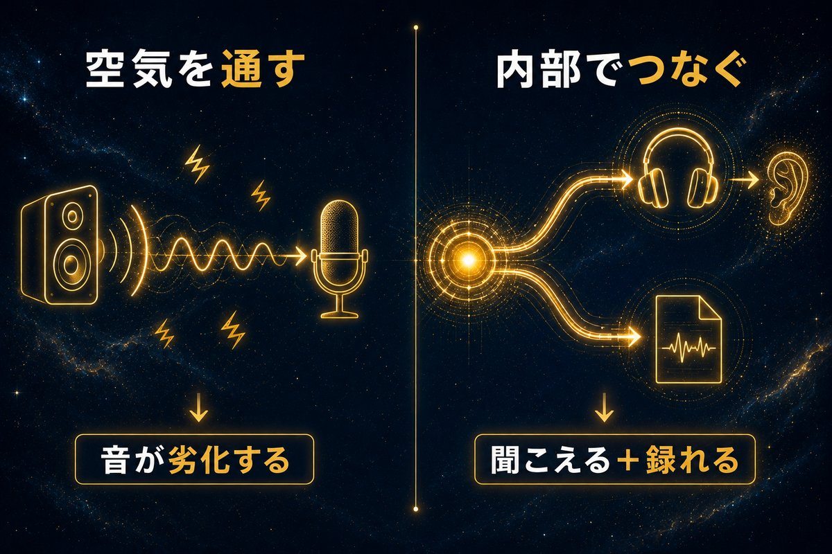 音を空気に出して拾い直す方法と、内部で完結させる方法の比較図