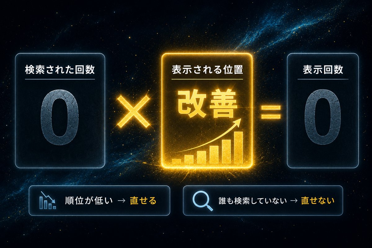 表示回数は検索された回数と表示位置の掛け算であることを示す概念図