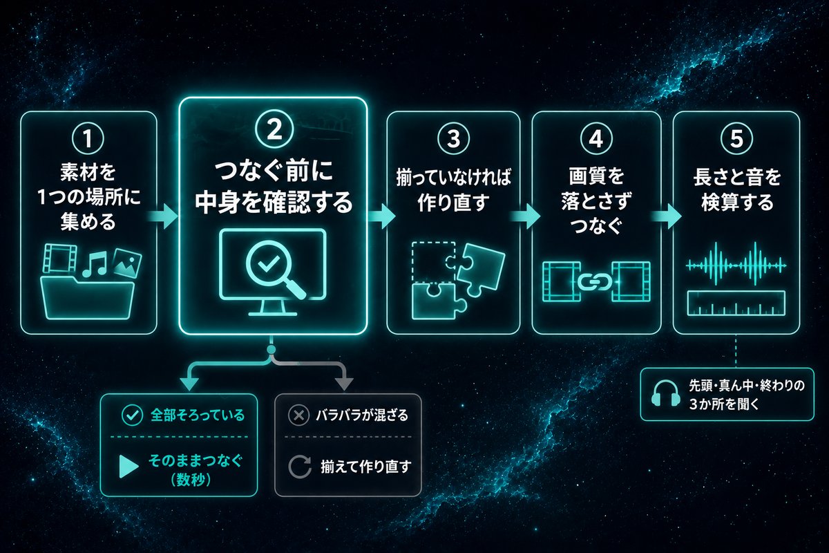 動画をつなぐ前の確認から検算までの5つの手順を示すフロー図