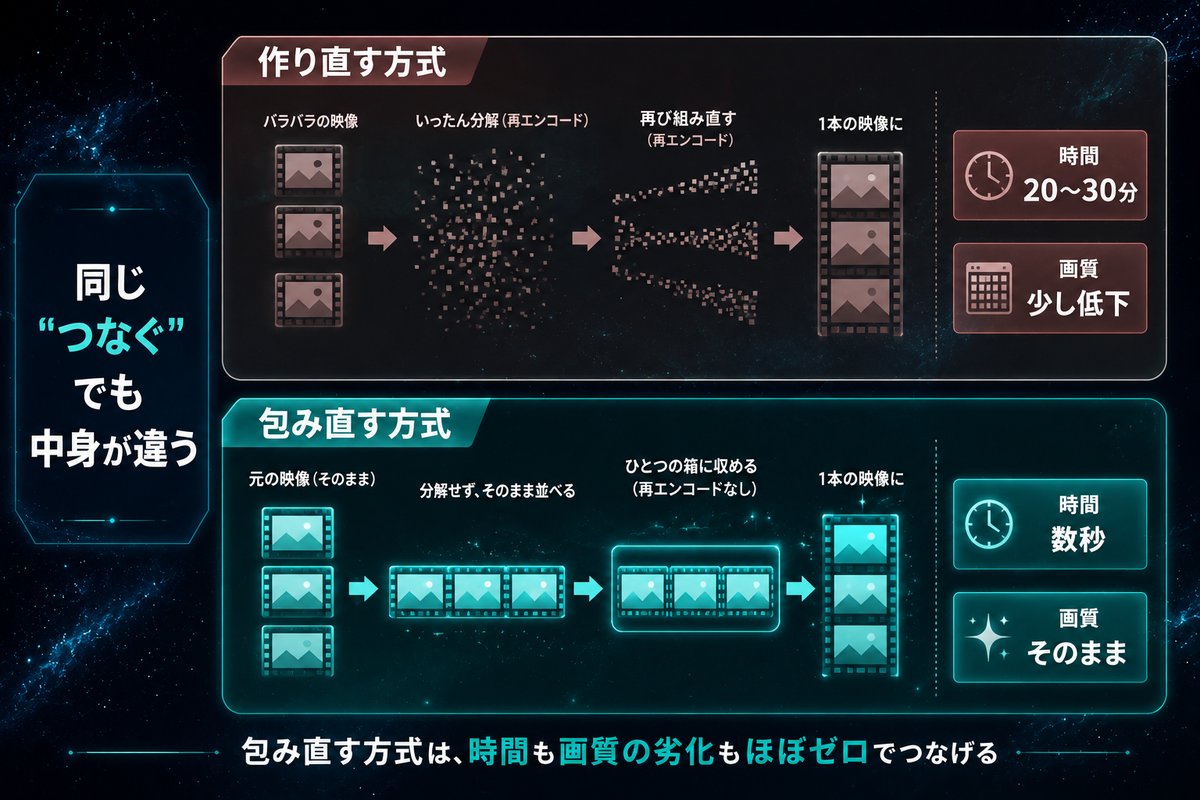 映像を作り直してつなぐ方式とそのまま包み直してつなぐ方式の比較図