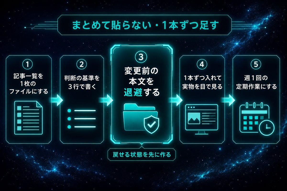 内部リンクを壊さずに設置する5つの手順を示すフロー図