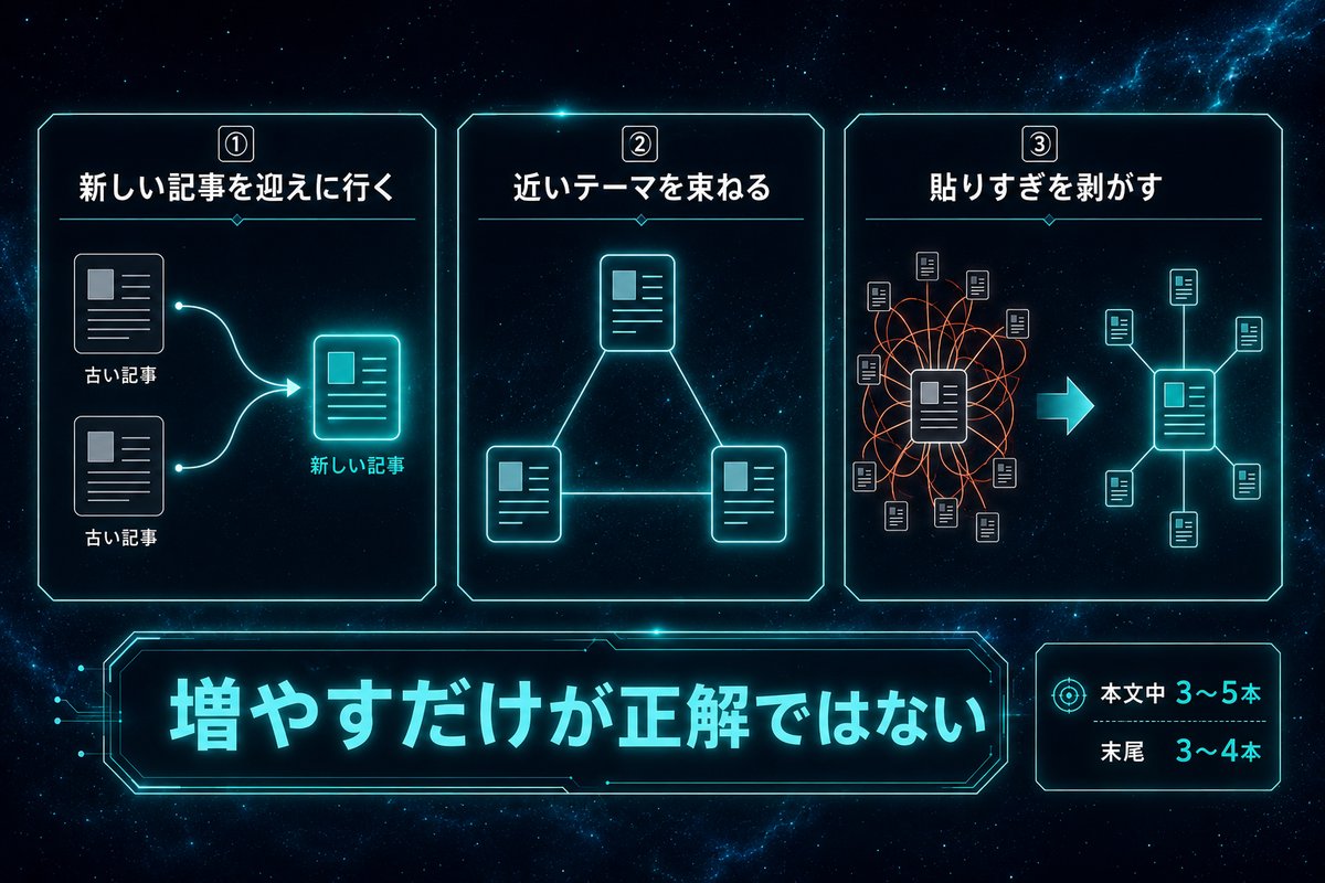 内部リンク作業の3つの型（迎えに行く・束ねる・剥がす）を並べた分類図