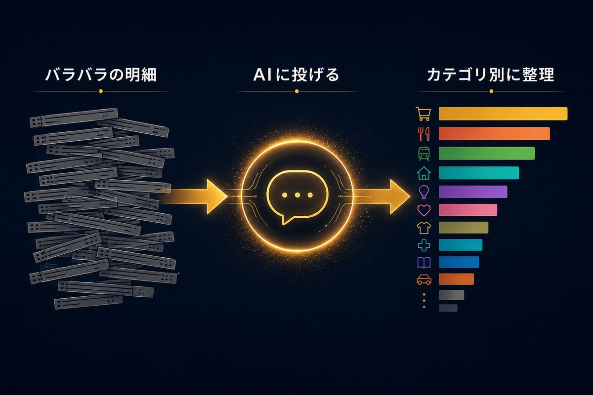 バラバラの明細がAIを通ってカテゴリ別に整理される流れの図解