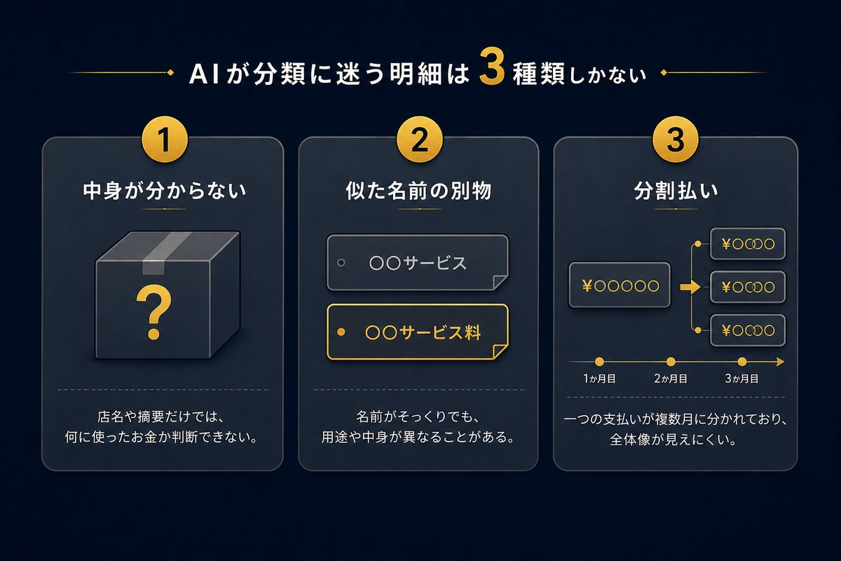 AIが分類に迷う明細の3タイプを並べた図解