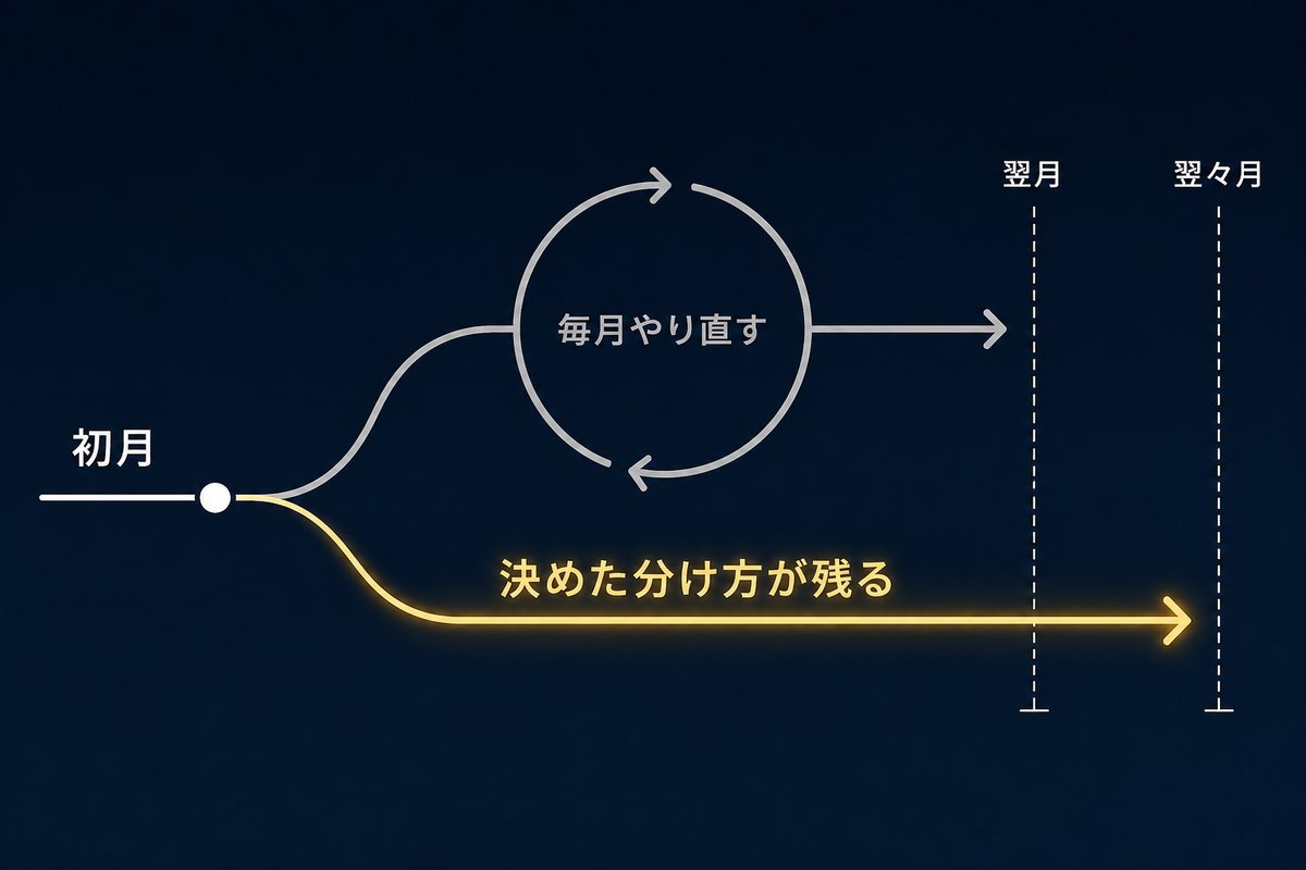 初月は同じでも翌月に作業量が分岐することを示した図解