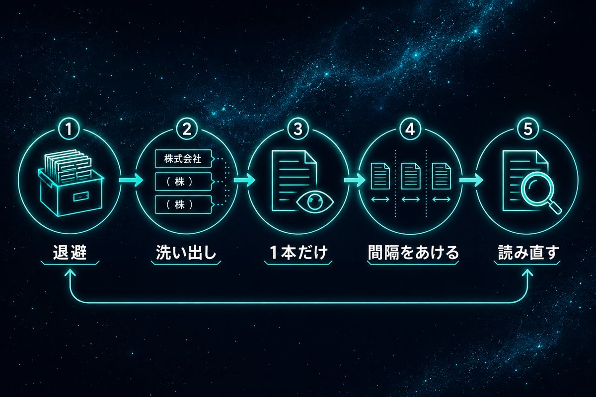 壊さず一括置換するための5つの手順を示すフロー図