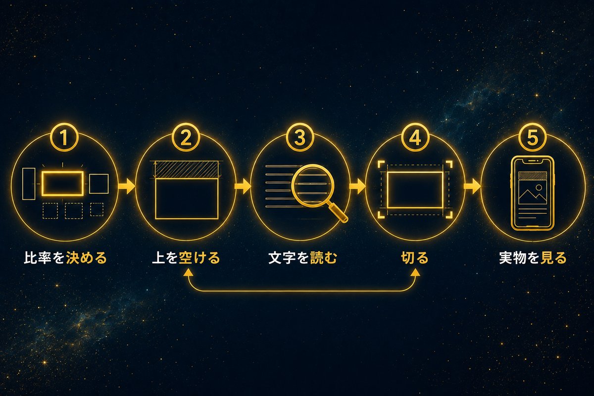 見切れないアイキャッチをそろえる5つの手順を示すフロー図