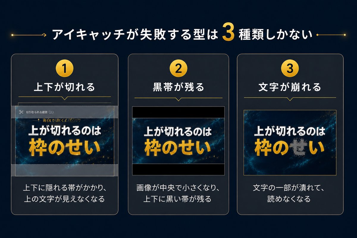 アイキャッチが失敗する3つの型を並べた分類図
