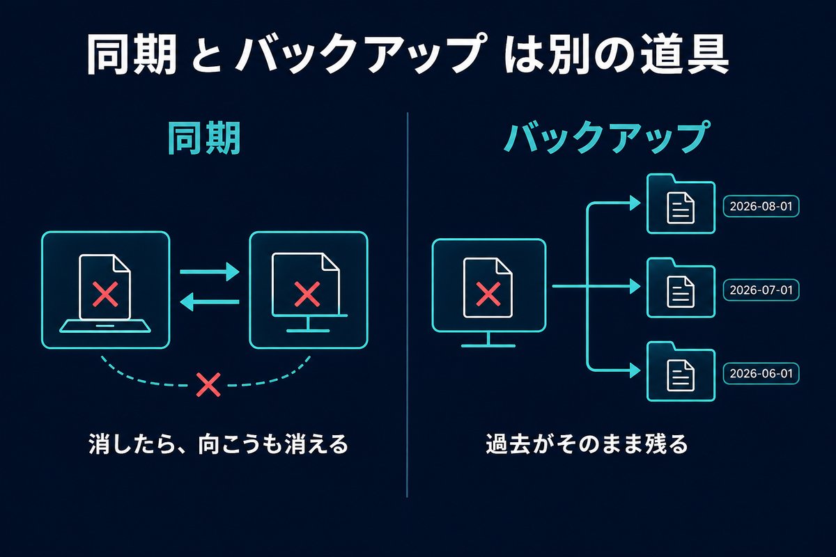 同期とバックアップの違いを左右で対比した図解