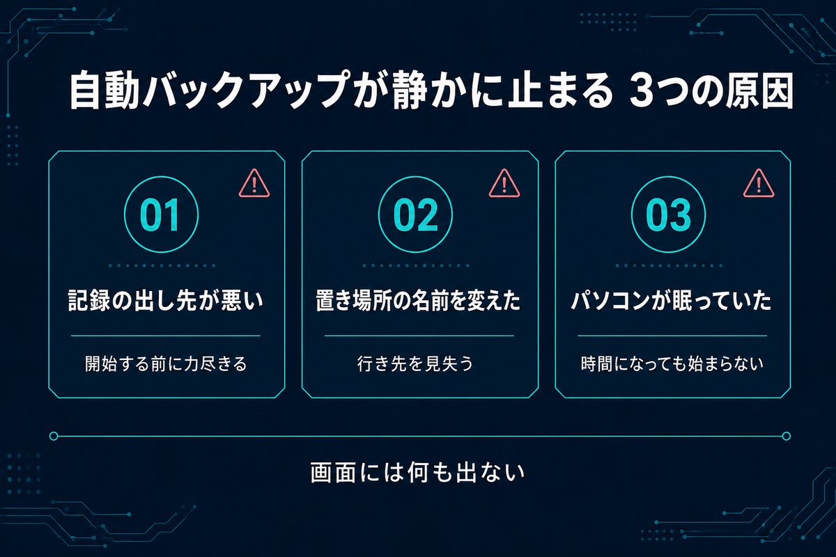 自動バックアップが止まる3つの原因を並べた分類図