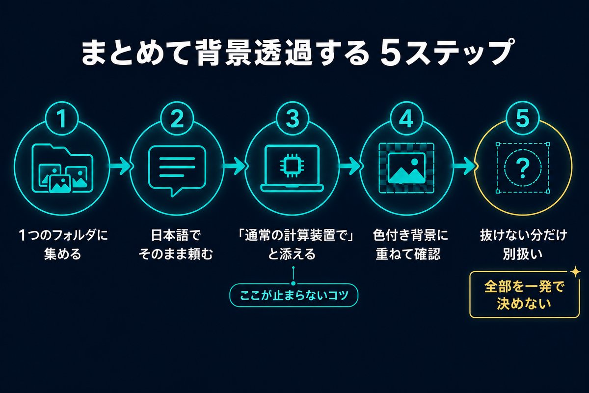 背景透過をまとめて走らせる5つの手順を示すフロー図