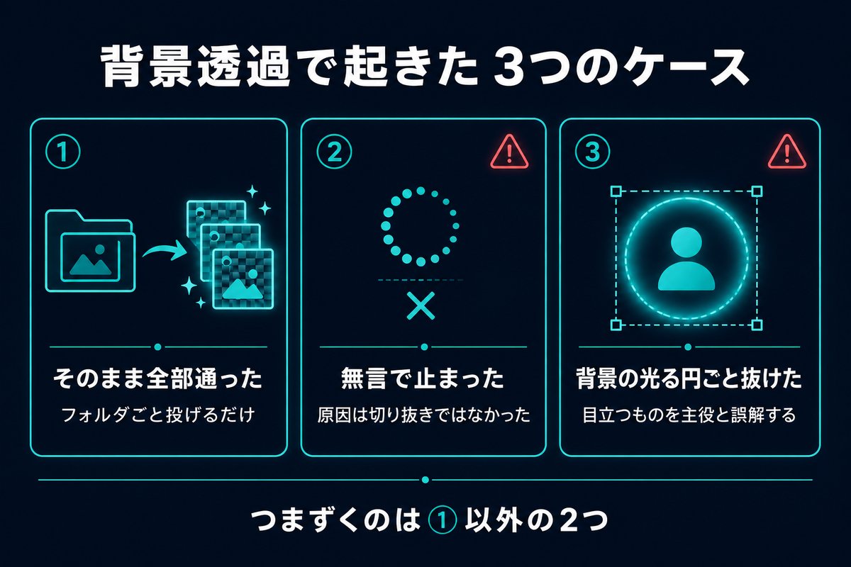 背景透過で実際に起きた3つのケースを並べた分類図