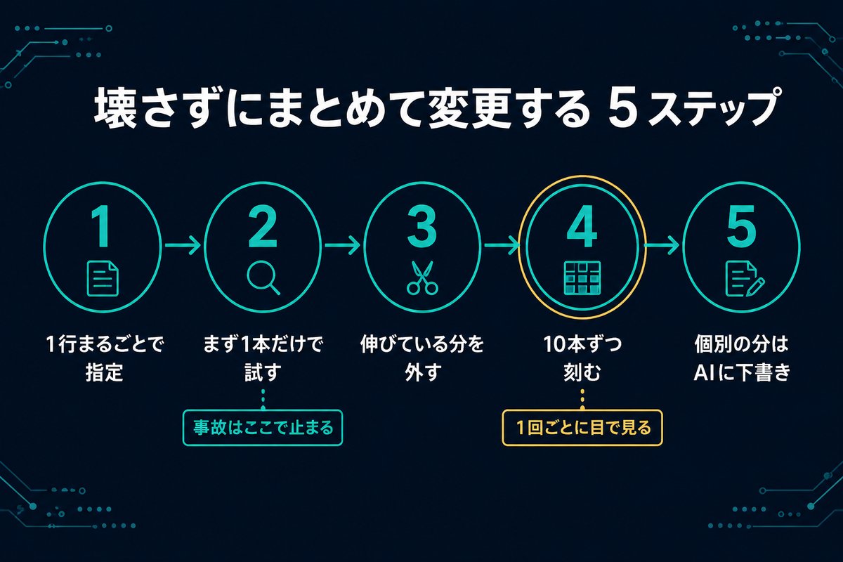 説明文を壊さずにまとめて変更する5つの手順を示すフロー図