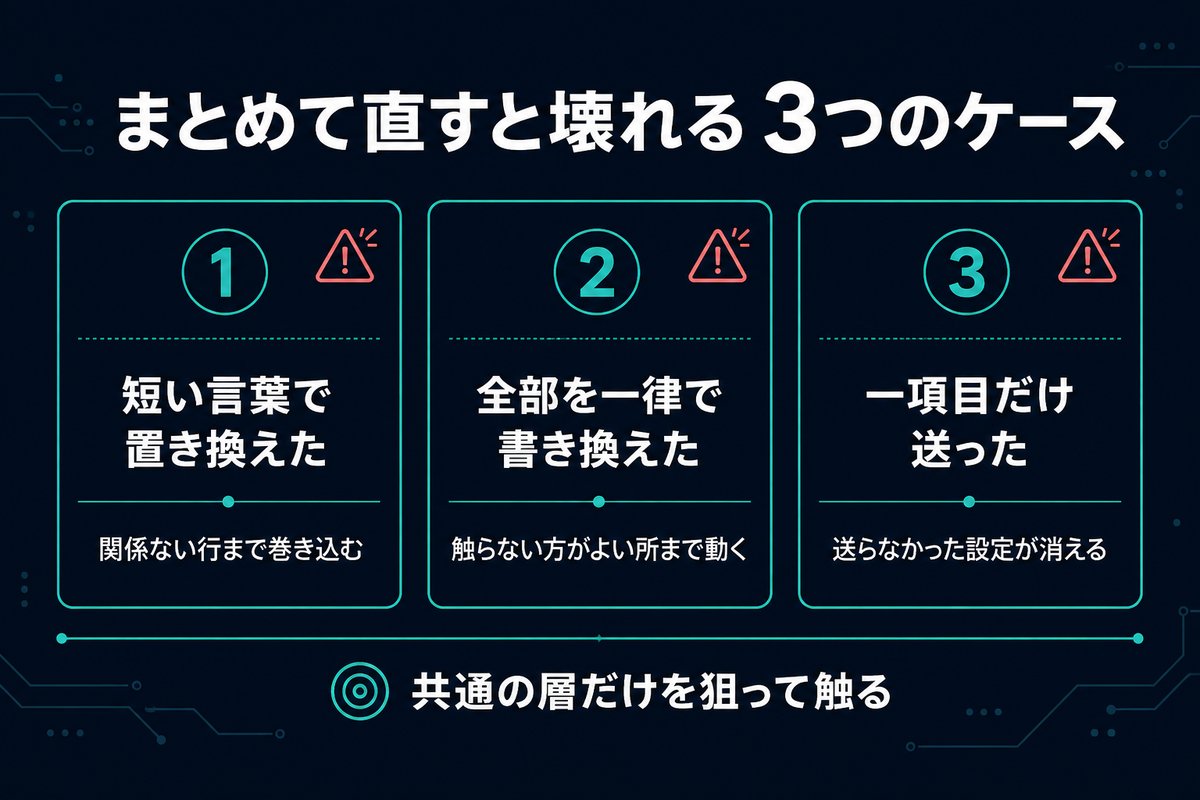 まとめて書き換えたときに壊れた3つのケースを並べた分類図