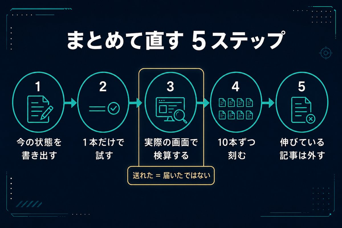 説明文をまとめて直す5つの手順を示すフロー図