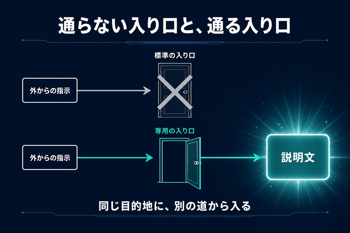 標準の入り口では通らず専用の入り口なら通ることを示す対比図