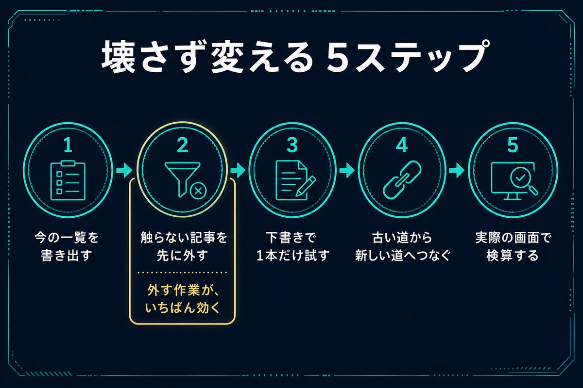 アドレスを壊さずにまとめて変える5つの手順を示すフロー図