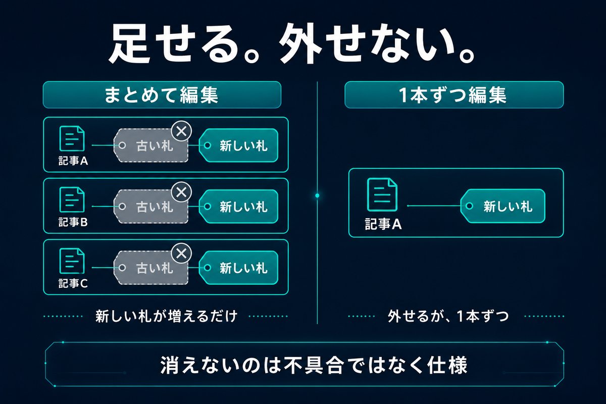 まとめて編集では分類が追加されるだけで外れないことを示す対比図