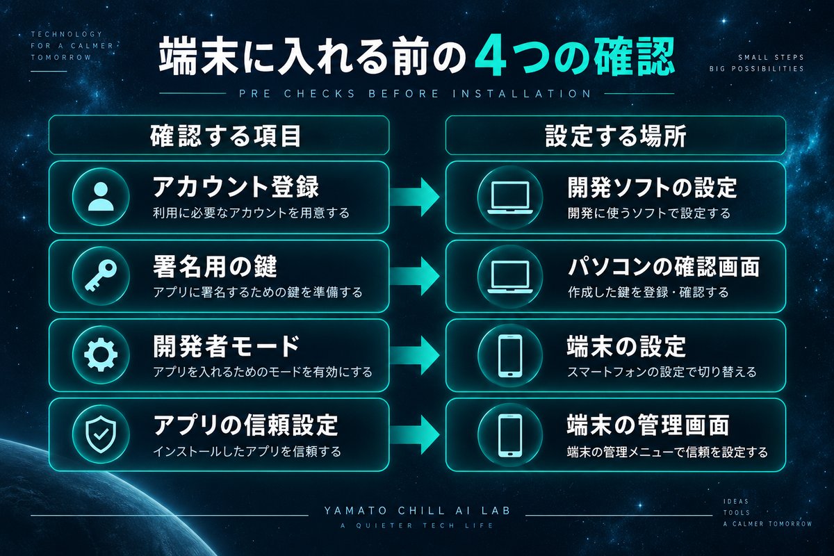 アプリを自分の端末へ入れる前に確認するアカウントと署名と端末設定の図