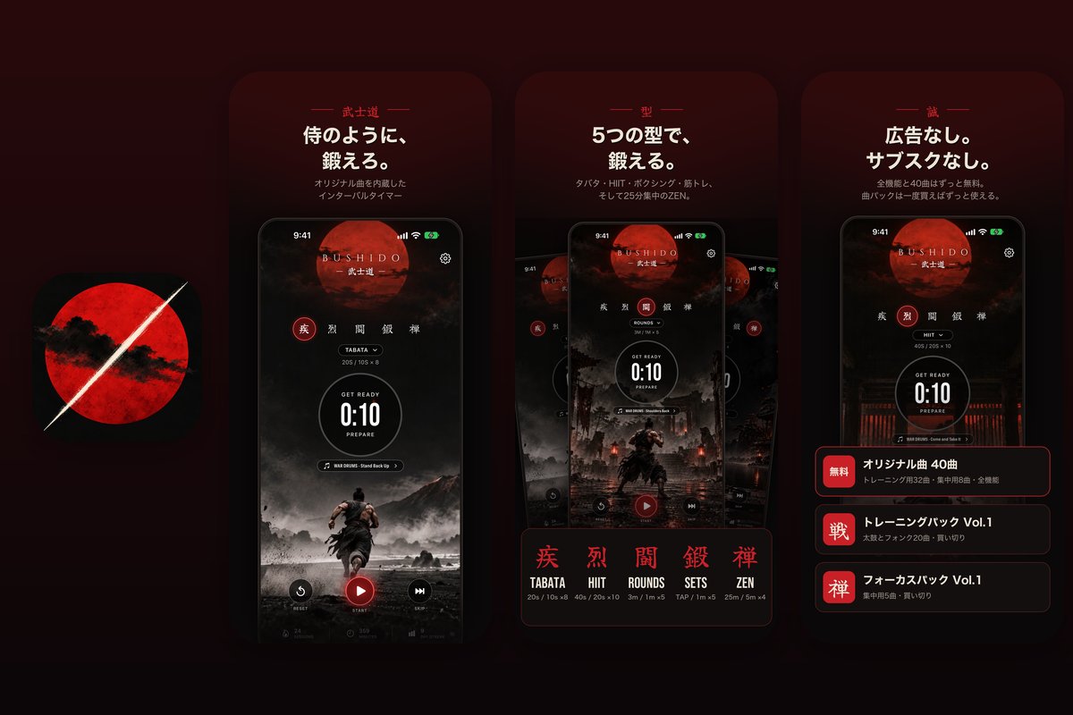 BUSHIDO Timerのアイコンと画面（待機画面・5つの型）