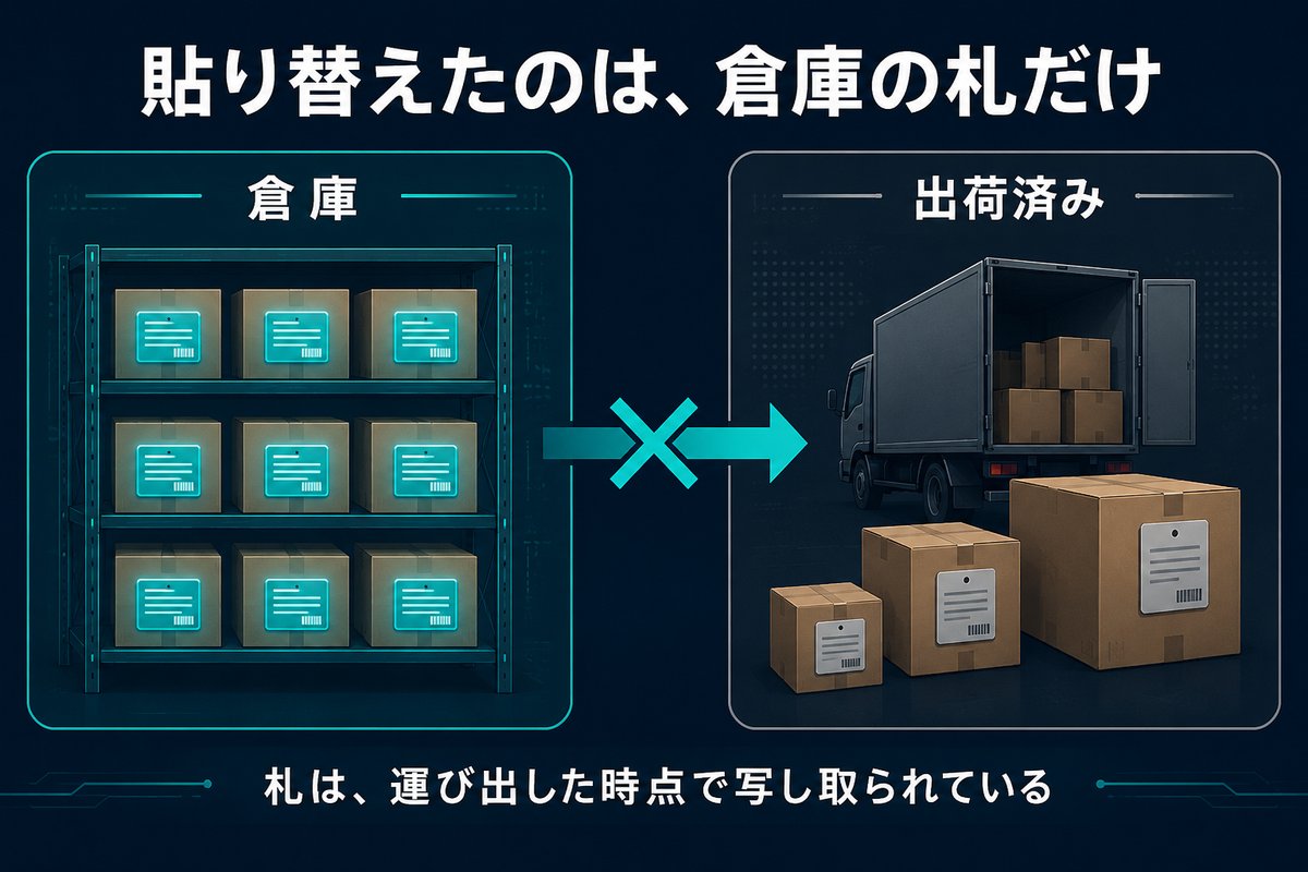 保管棚の札を貼り替えても運び出し済みの箱の札は変わらないことを示す対比図