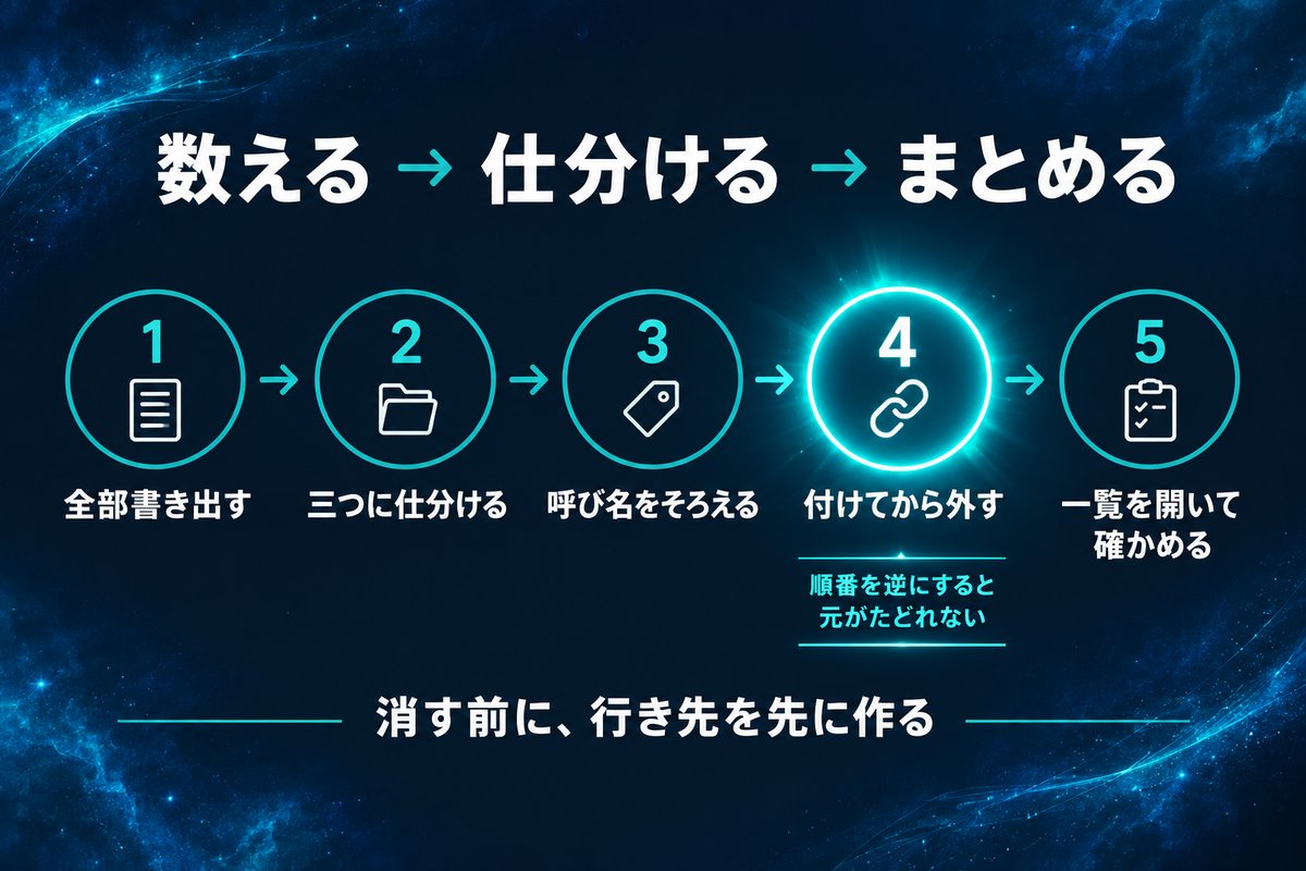 札をまとめる作業を数える・仕分ける・付けてから外すの順で示した5工程の手順図