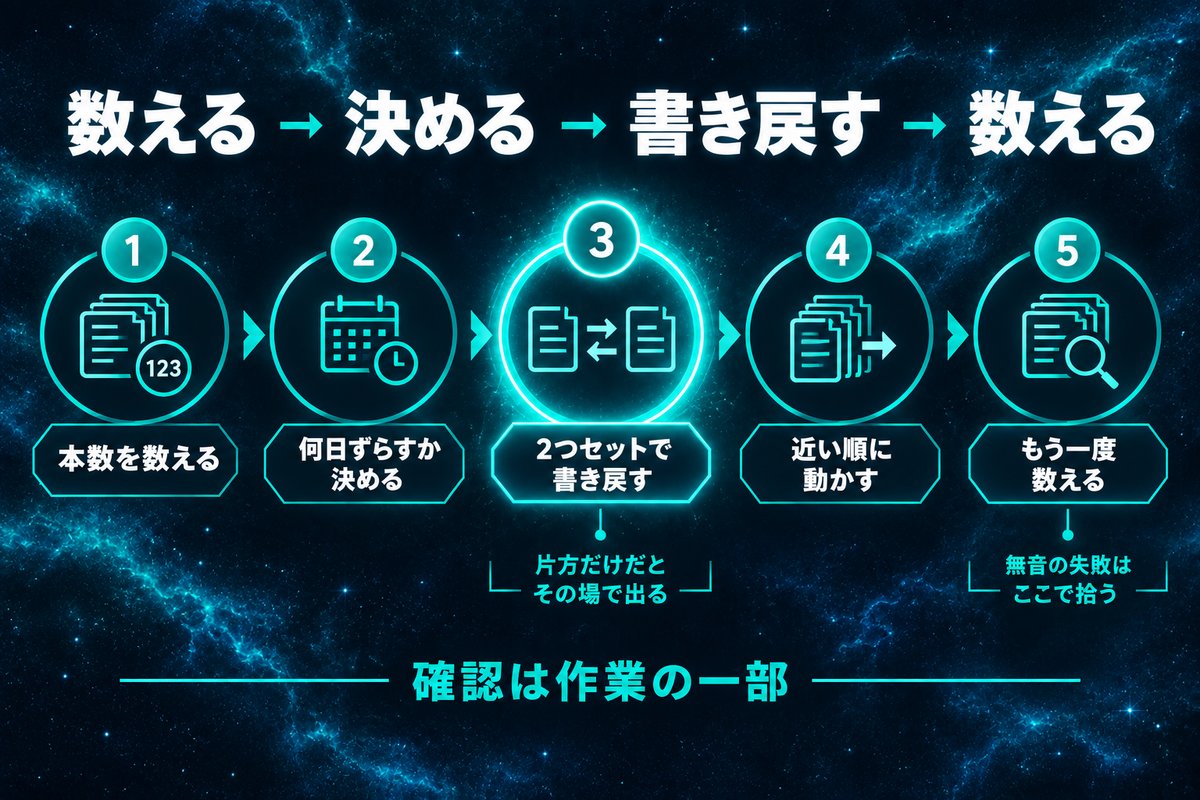 予約をまとめてずらす作業を数える・決める・書き戻す・数えるの順で示した5工程の手順図