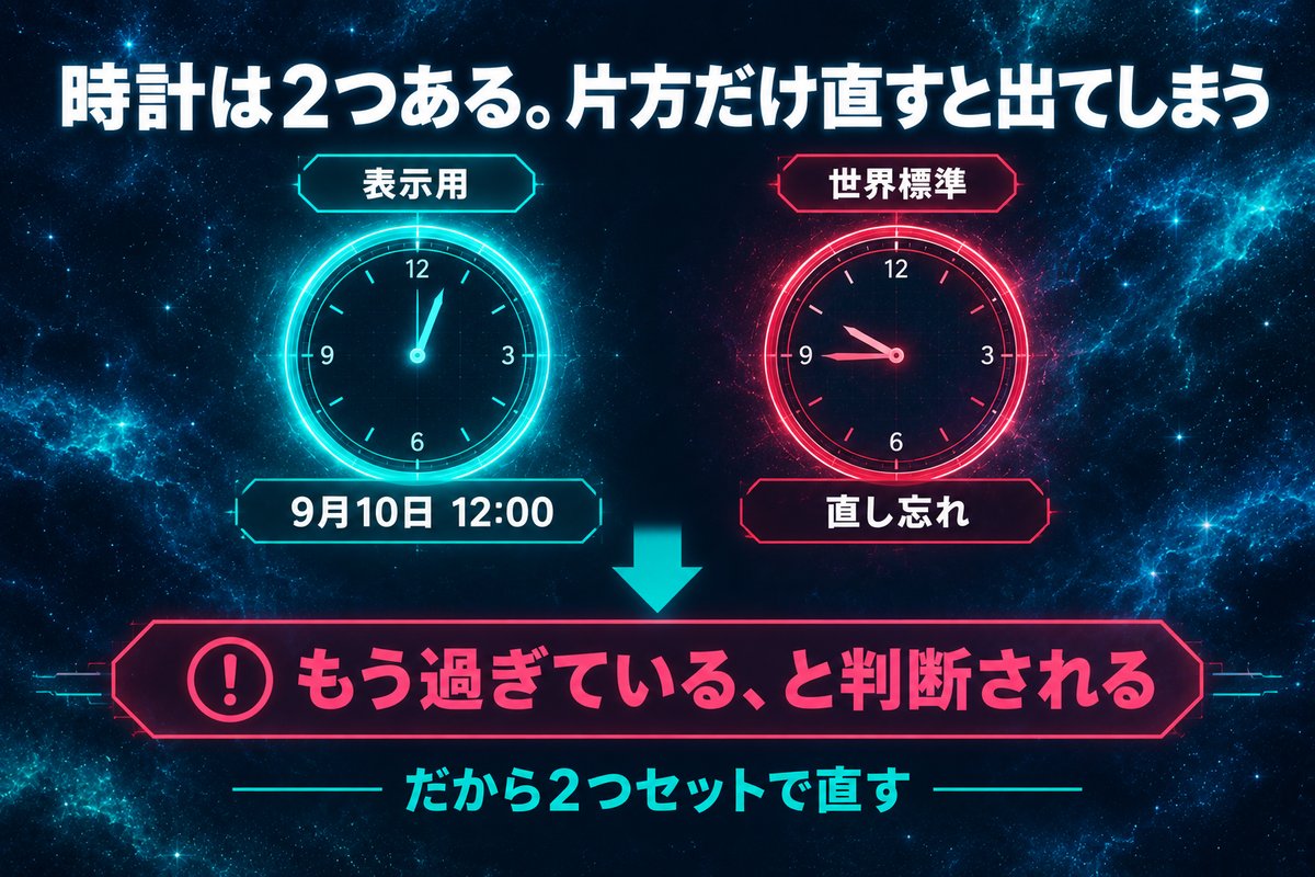 表示用と世界標準の2つの日付のうち片方だけ直すとその場で公開されることを示す因果図