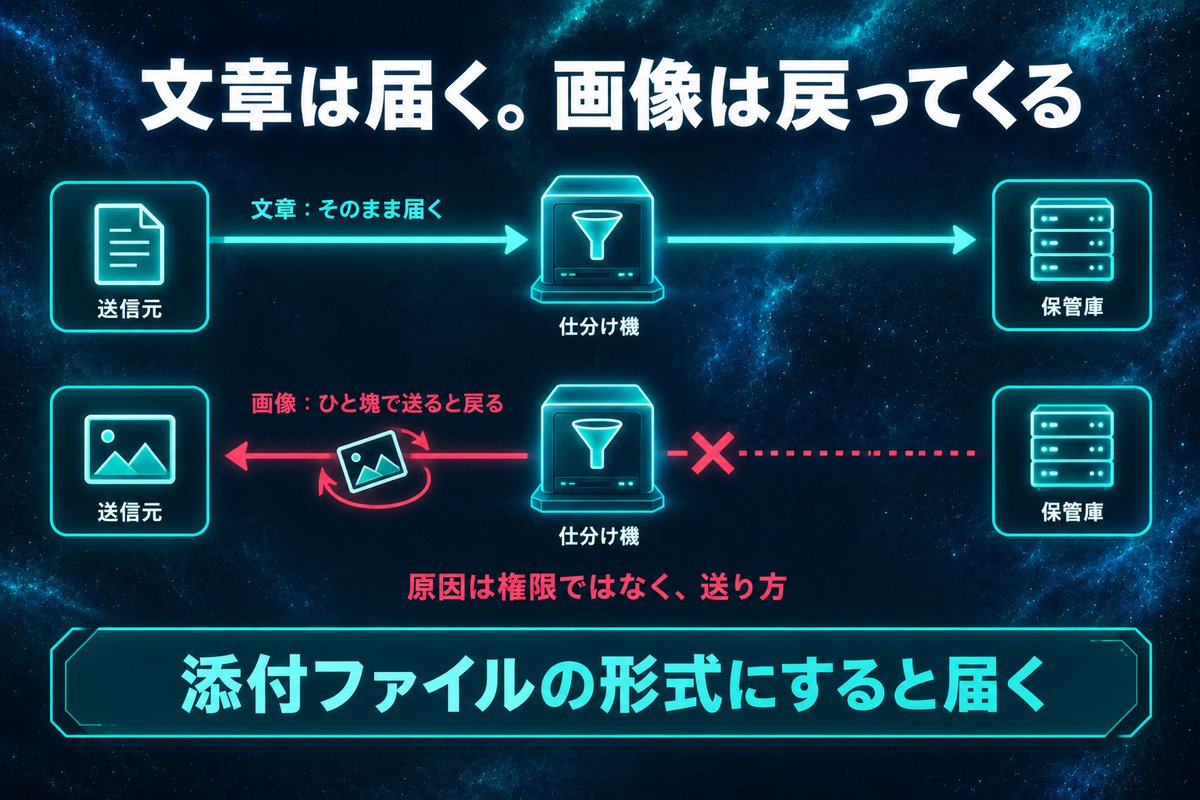 文章はそのまま届くのに画像はひと塊で送ると戻ってくることと、添付ファイルの形式なら届くことを示す対比図