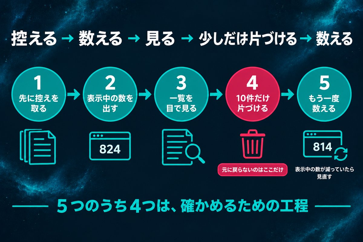 使っていない画像を安全に削除する5工程のうち実際に削除するのは1工程だけであることを示す手順図