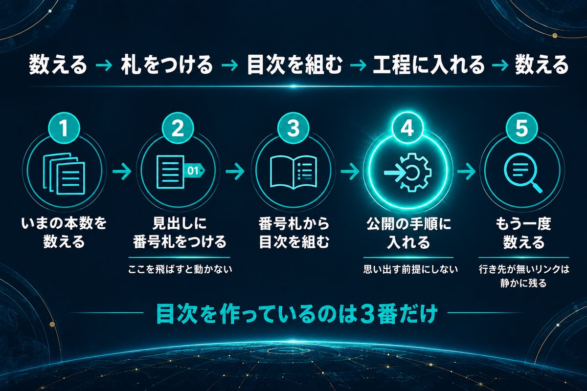 目次を自動で入れる5工程のうち目次を組むのは3番目だけで残りは抜けを見つける工程であることを示す手順図