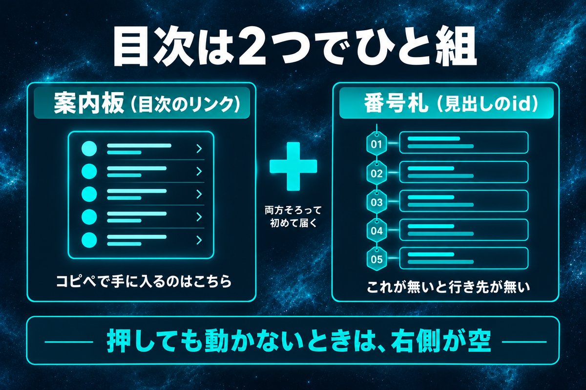 目次のリンクと見出しの番号札という2つの部品がそろって初めて目次が動くことを示す対比図