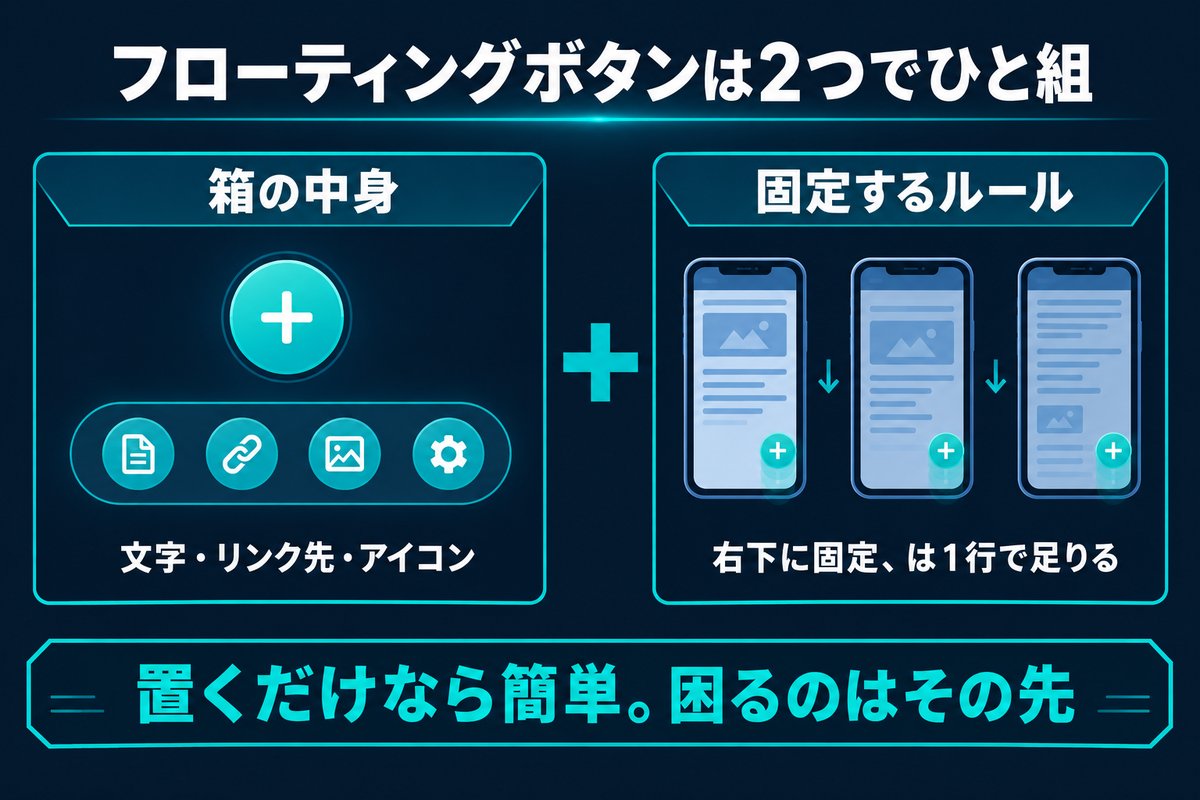 フローティングボタンは箱の中身と画面に固定するルールの2部品でできており置くだけなら簡単だと示す対比図