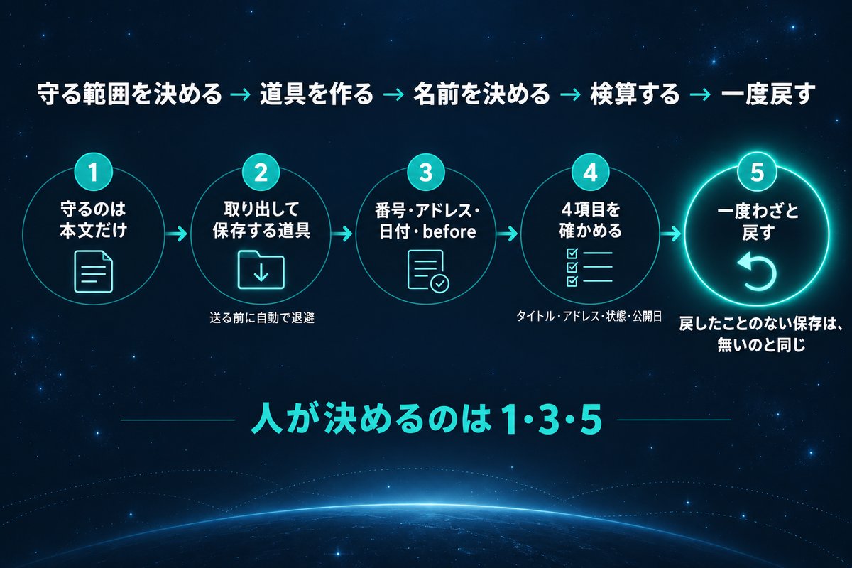 記事の本文を戻せる形で退避する5工程のうち人が決めるのは守る範囲と名前と一度戻してみることであると示す手順図